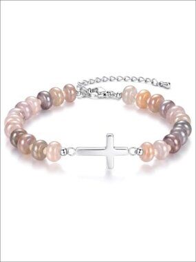 Natural Stone Beaded Bracelet Adjustable Cross Charm Inspirational
